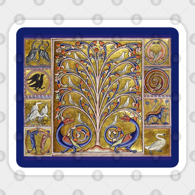 MEDIEVAL BESTIARY,TREE OF LIFE ,BIRDS,DRAGONS FANTASTIC ANIMALS IN GOLD RED BLUE COLORS Sticker by BulganLumini